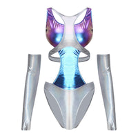 Women Metallic Shiny Bodysuit with Fingerless Long Gloves Contrast Cut Out Leotard for Halloween Cosplay Astronaut Alien Costume