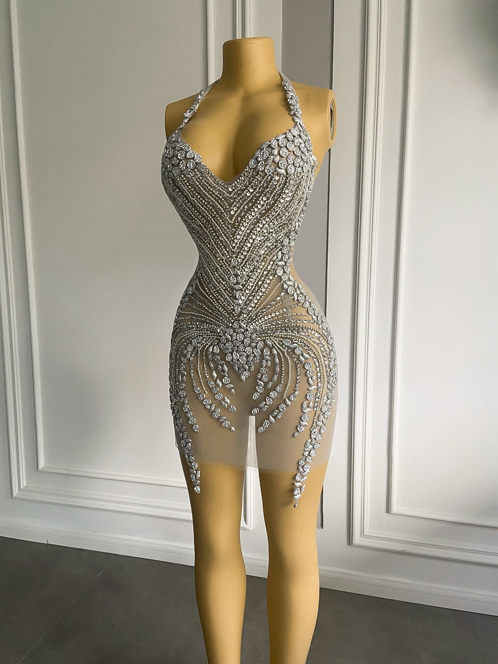 See Through Short Prom Dresses Luxury Beaded Crystals Silver African Women Cocktail Gown For Party