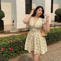 Plus Size Pleated Mini Dress For Women Floral Print V Neck Short Sleeve Lace Up Lady Sexy Slim Summer Elegant Outfits Party