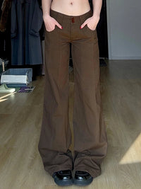 Brown Wide Leg Women's Jeans Y2K Grunge Style Low Rise Baggy Denim Pants Vintage Retro Casual Streetwear Korean Fashion Trousers