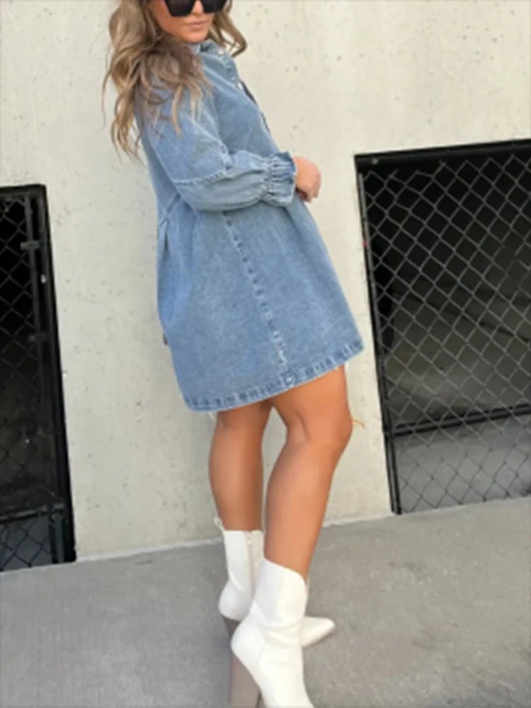 Women Solid Short Sexy Jean Dress Female Autumn Winter Short Sleeve Elegant Casual Backless Pullover Denim Dress 2023