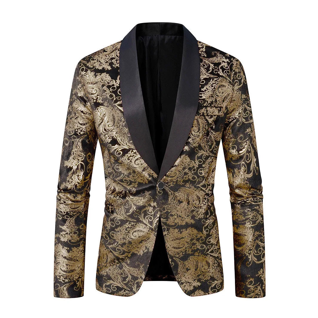 Burgundy Men's Long-sleeved Suit Jacket, Purple Printed Black Collar Single-button Coat, Wedding/Party/Stage Performance Blazers