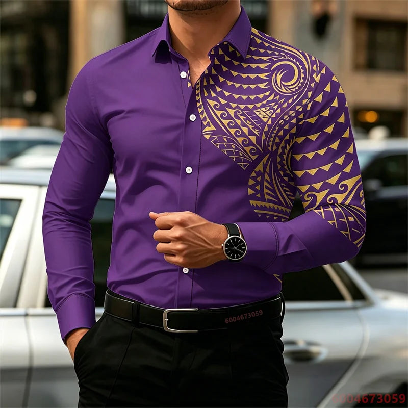 2026 New Men's Long-Sleeve Shirt, Fashionable Pattern Print, Slim Fit, European Size Business Casual Men's Top, Sizes XS-6XL