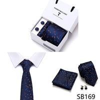 High Quality 7.5 cm Stripe Blue Tie Pocket Square Cufflinks Set For Men Gift Box Wedding Gravatas Fit Workplace