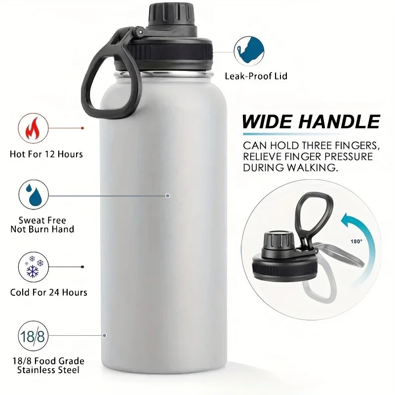 1pc Stainless Steel Insulated  1000ml/32oz Leakproof Water Bottle Double Wall Vacuum Thermal Drinkware Cup Perfect For Outdoor