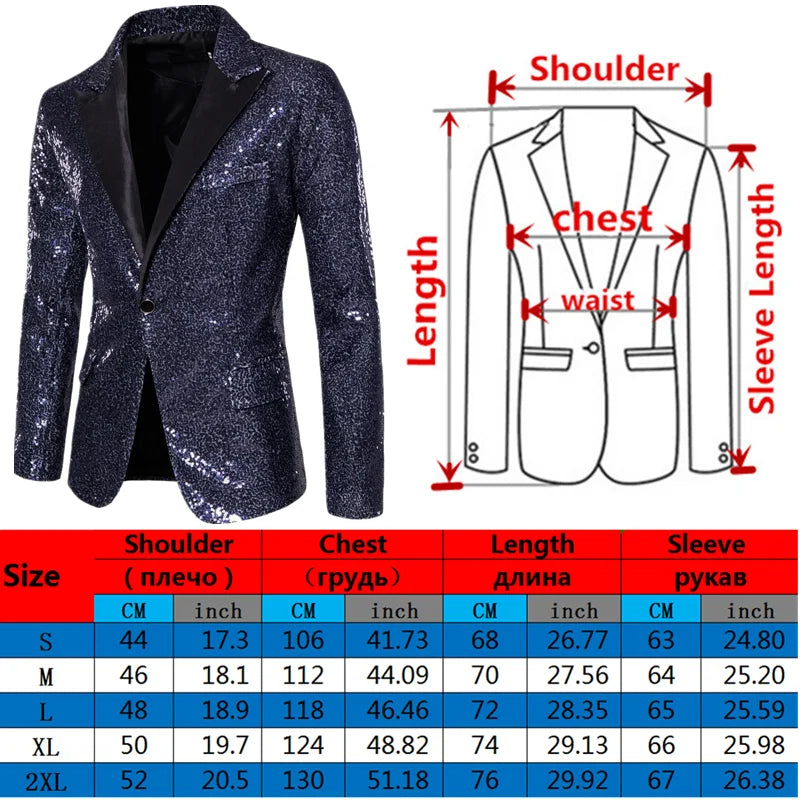 Shiny Sequin Men's Suit Jacket, Stage Performance Coat, White Silver Blue Red Purple Blazers V-neck Single Button S M L XL XXL