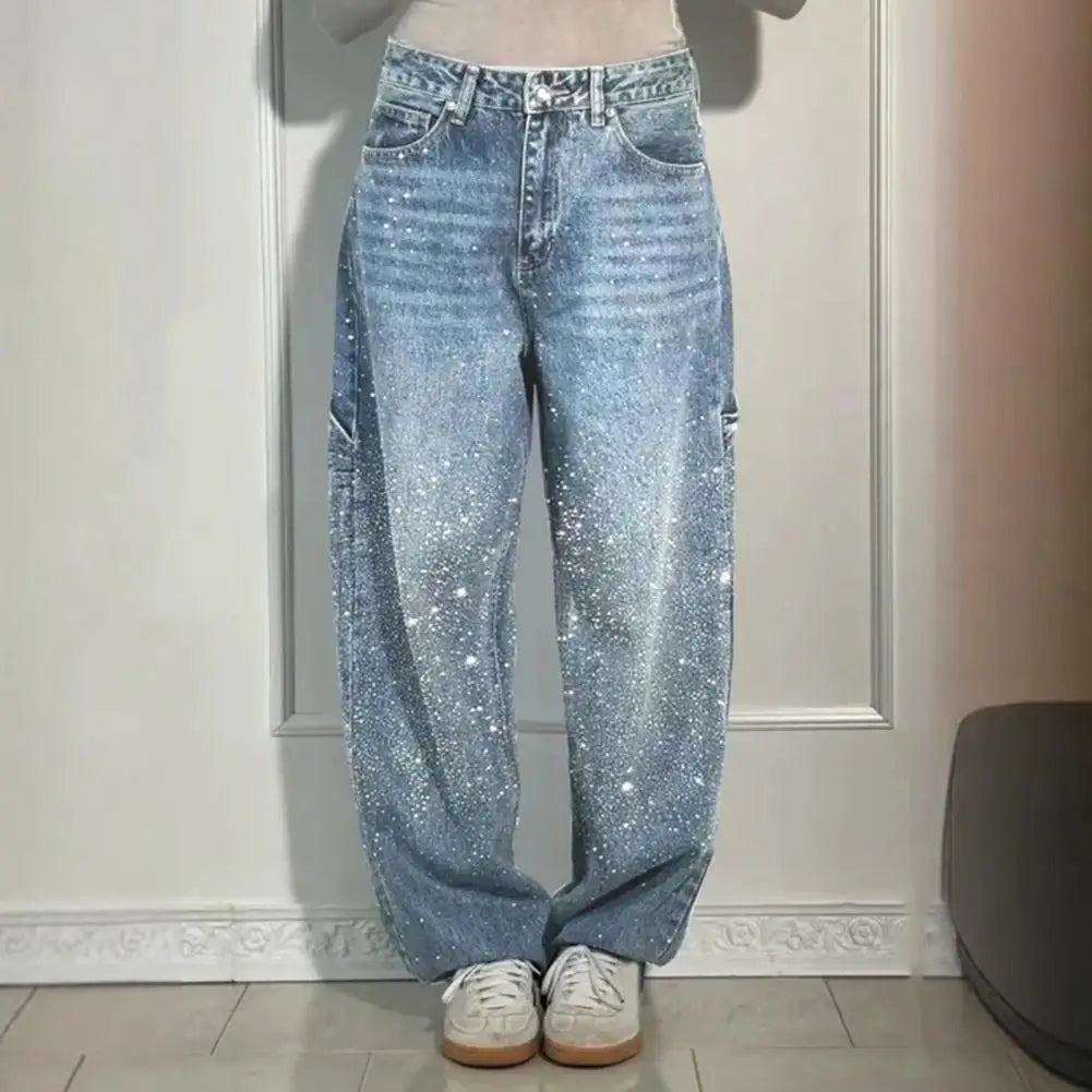 Women's Sparkly Harem Jeans High Waisted Baggy Wide Leg Bling Jeans Casual Straight Leg Denim Pants for Streetwear