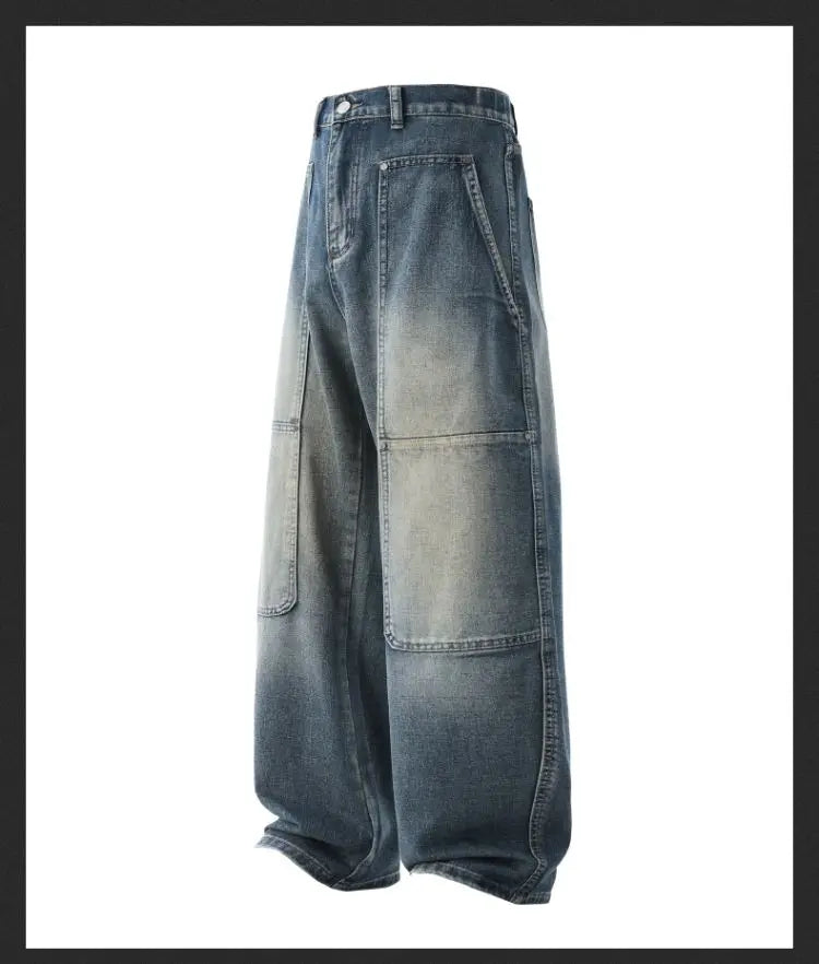 Men's Jeans Spring And Autumn Fashion Straight Tube Loose Washed Casual American Retro Original Color Wide Rivet Logging Pants