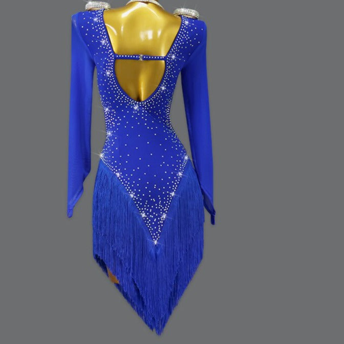 Sexy 2023 Blue Latin Dance Competition Costume Ball Practice Wear Line Suit Short Skirt