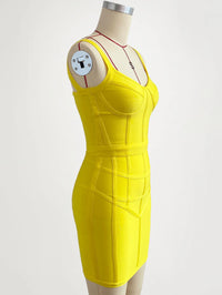 WillBeNice Bright Yellow Runway Bandage Mini Knitted Dress Women Bustier Sexy High Street Elastic Vestidos Short Dress