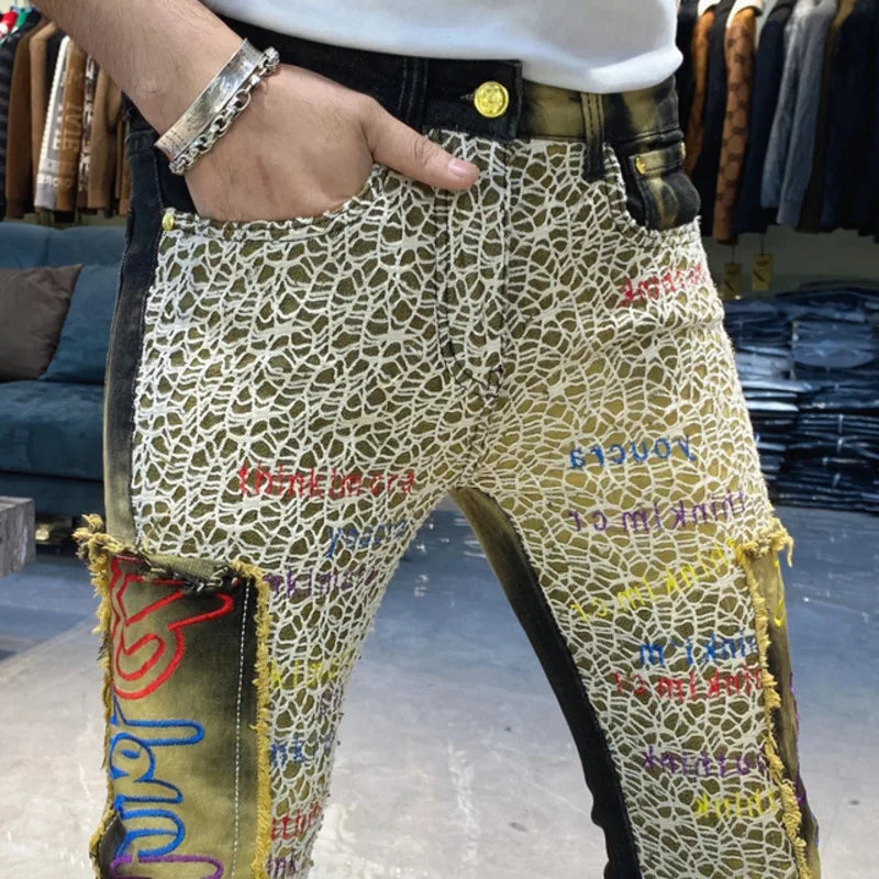 Men's Letter Embroidery Jeans New Punk Motorcycle Pants Jean Homme Elastic Slim Fit Versatile Jean For Men Hip Hop Jean Hombre