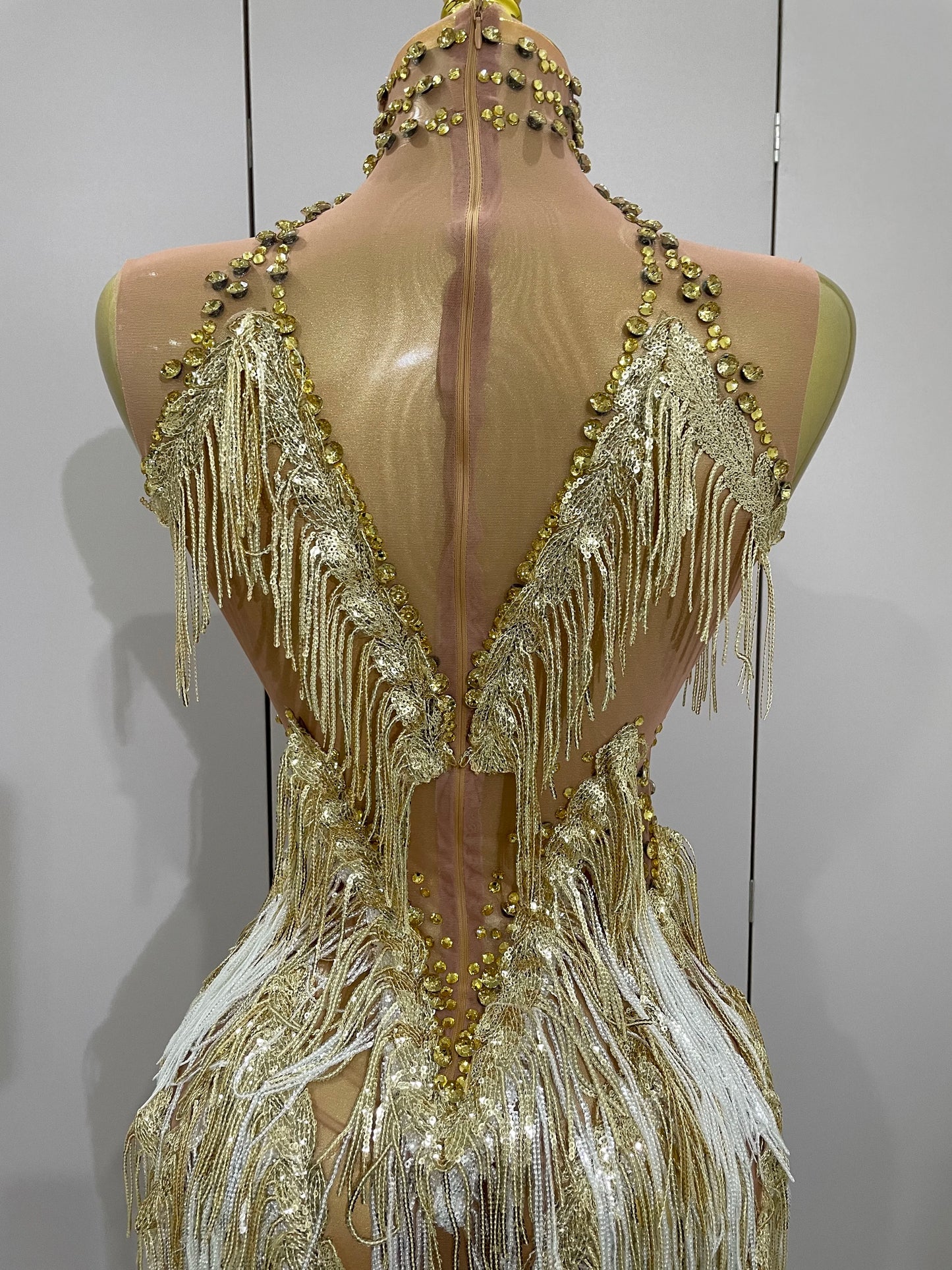 Stock 2025 Women Sexy Stretch Mesh Sparkly Rhinestone Tassels Mini Dress Nightclub Singer Dance Stage Costume Evening Gowns