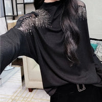 Graphic Turtlenecks Korean Fashion Pullover Clothes Top Women's Tshirt Clothing Rhinestone T Shirts for Women Streetwear Sequin