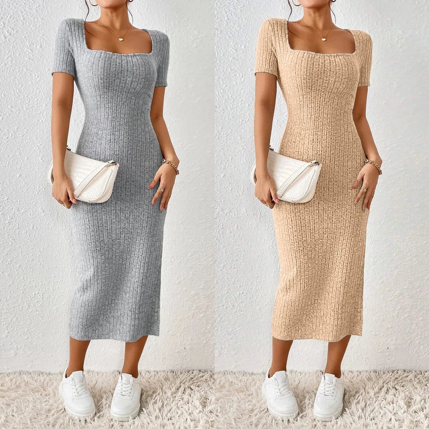 Women Short Sleeve Dress Soft Knitted Elegant Bodyon Dress Casual Skinny Slim Fit Pullover Commuting Midi Dress