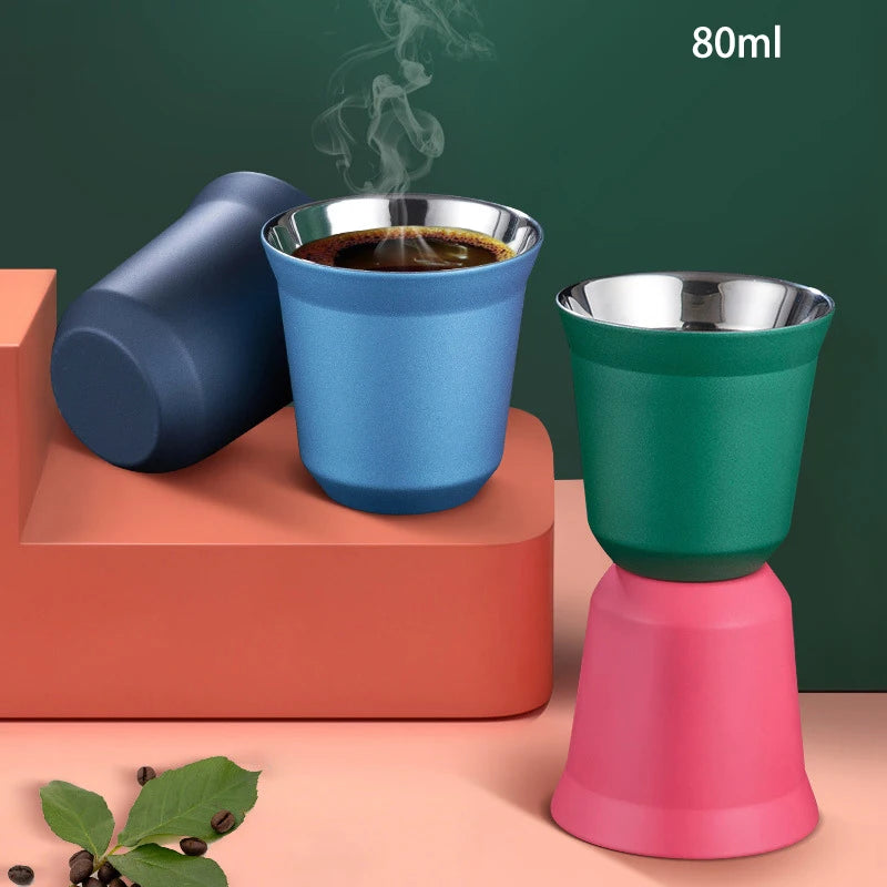 304 Stainless Steel Double-layer Coffee Cup Insulated Tea Cup Beer Cup Painted Espresso Cup Outdoor Portable Capsule Coffee Cup