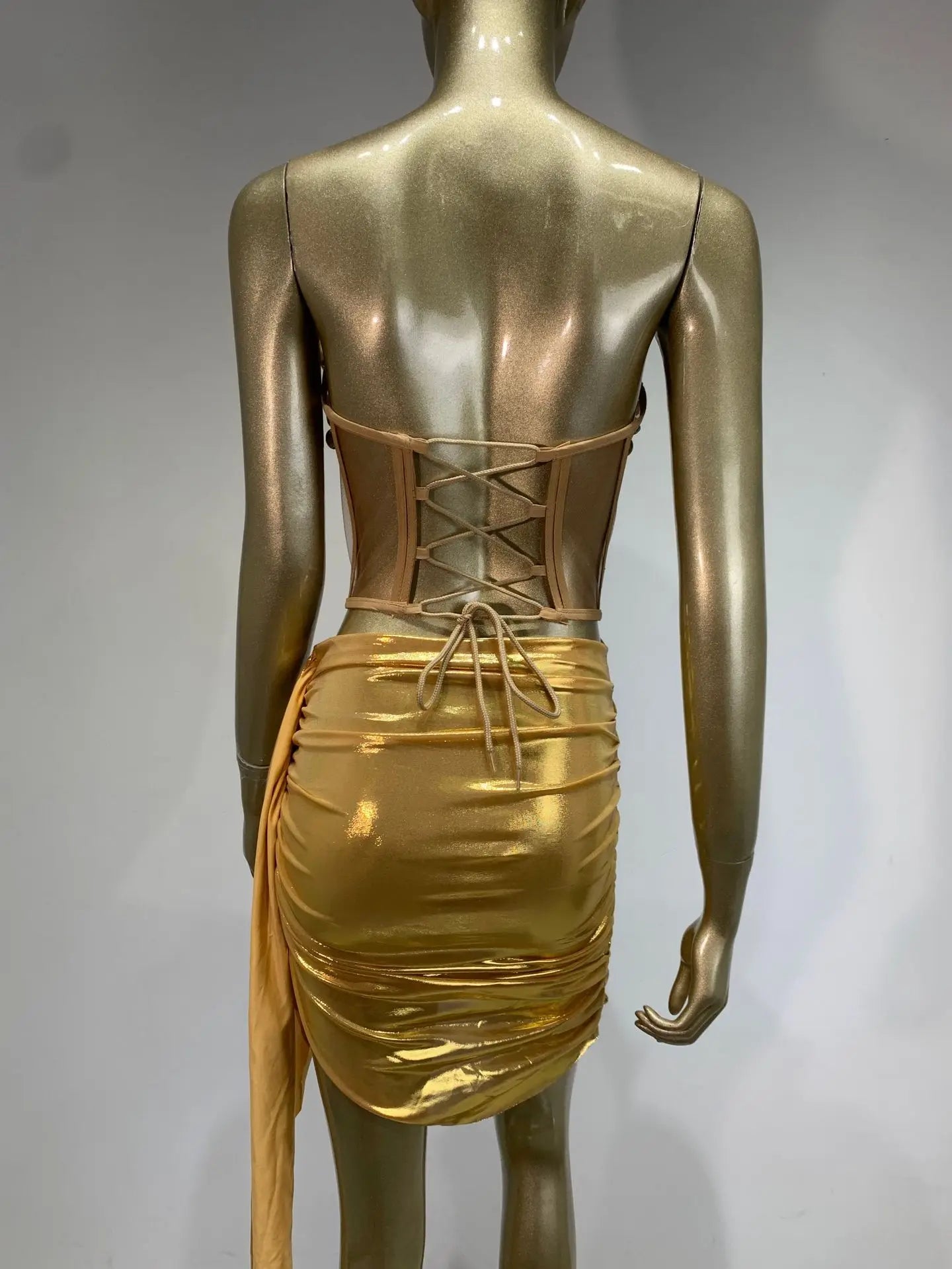 Women Baddie Outfit Gold Silver Two Pieces Skirt Sets Special Occassion Y2K Topic Evening Party Club Nightwears Stage Costumes
