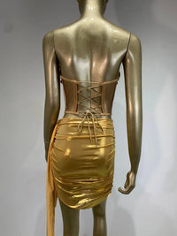 Women Baddie Outfit Gold Silver Two Pieces Skirt Sets Special Occassion Y2K Topic Evening Party Club Nightwears Stage Costumes