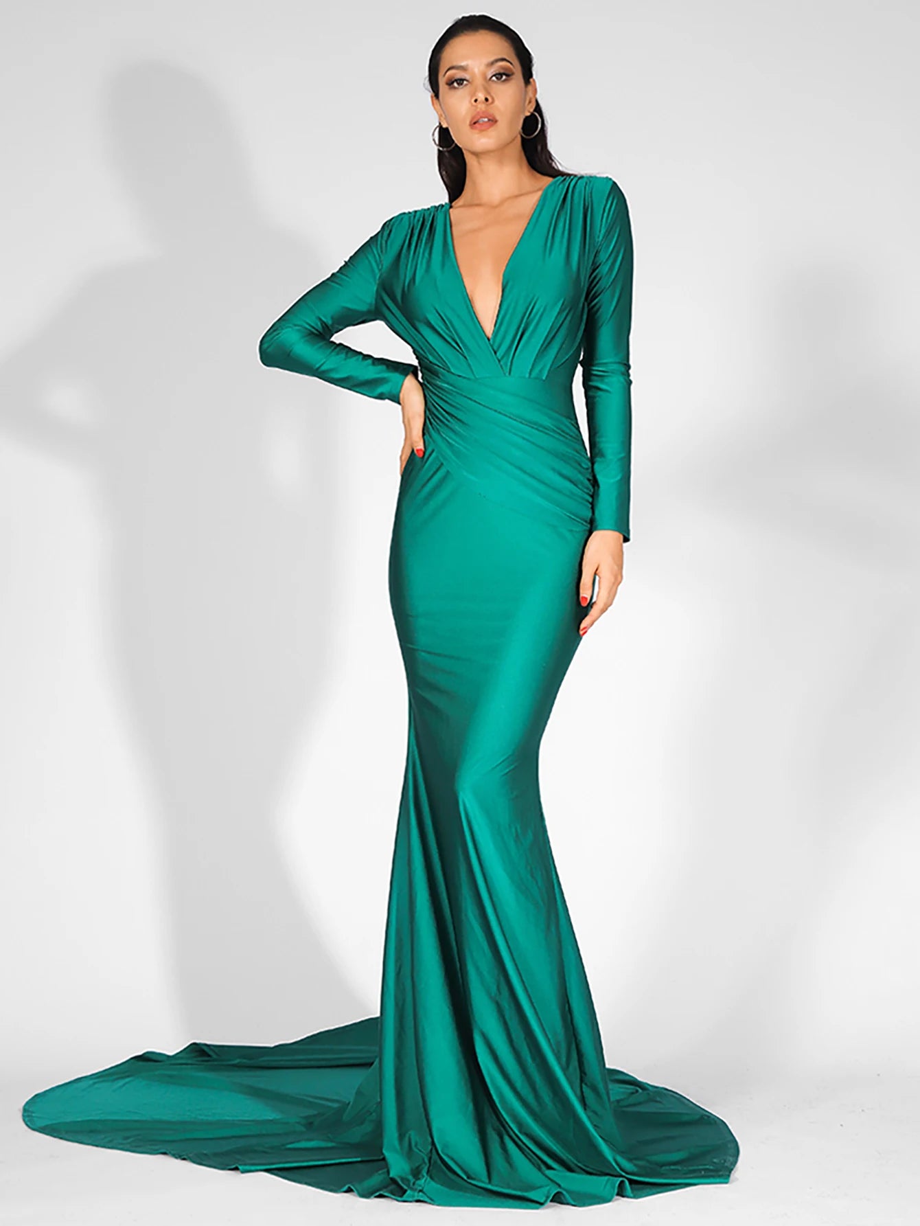 LOVE&LEMONADE  Sexy Green Deep V-Neck Slim Fit Elastic Fabric Trai Maxi Dress LM81535