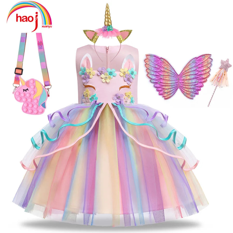 Summer Dress Girl Unicorn Cosplay Costume Children's Day Mesh Rainbow Tulle Princess Dress for Birthday Gift Kids Fashion Dress