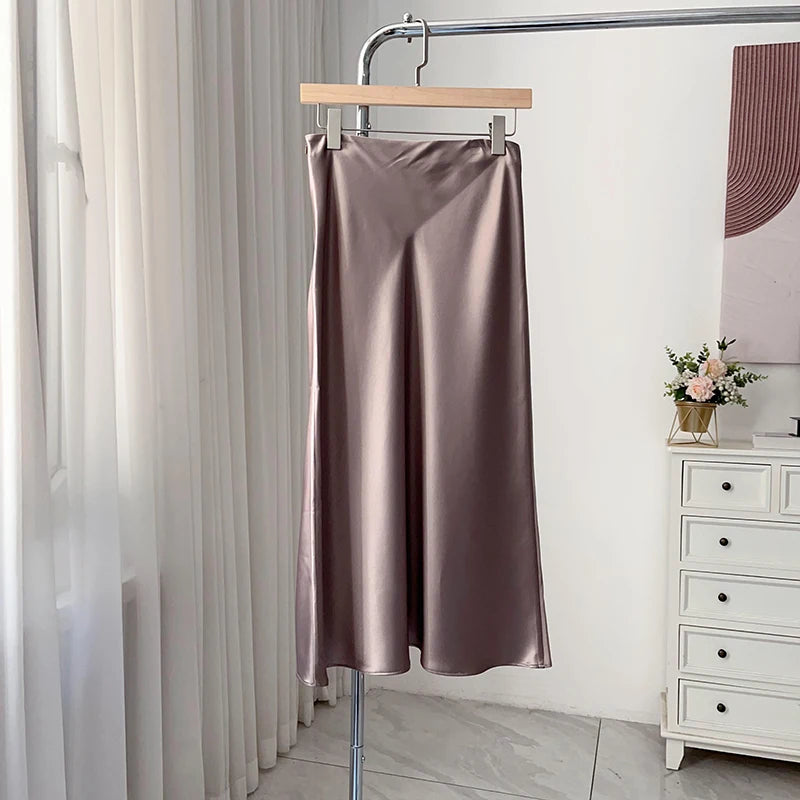Ele Satin Acetate ter Dr Women's Smooth Glossy Tee-Vein Neline Strapl Midi Skirt Four Colors Available