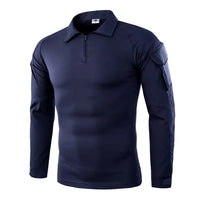 Men's Long Sleeve Combat Shirt Zipper Ripstop Cotton Tactical Shirts Navy Blue Camoufalge Airsoft T Shirts