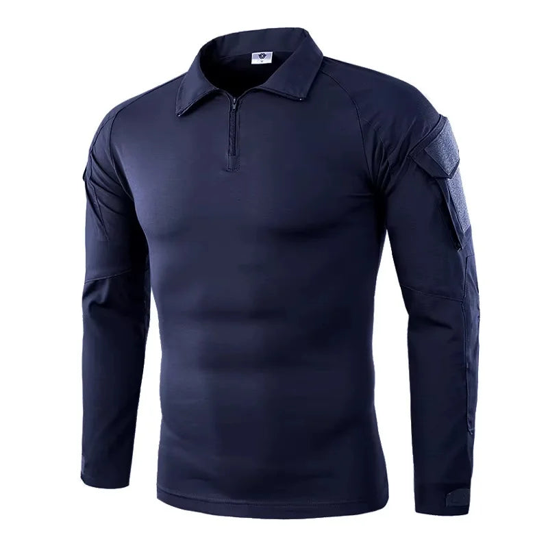 Men's Long Sleeve Combat Shirt Zipper Ripstop Cotton Tactical Shirts Navy Blue Camoufalge Airsoft T Shirts