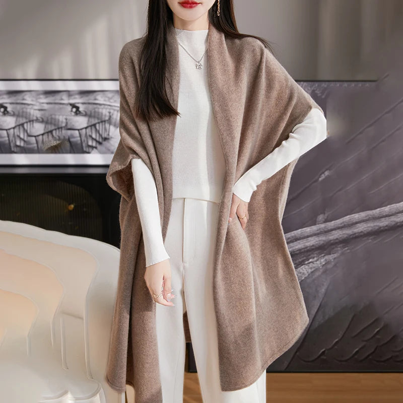 Spring Women's 100% Wool Knitted Shawl Soft Warm Knitwear Long Cardigan Female Cloak Wraps Shoulder Neck Protect Poncho Dual Use