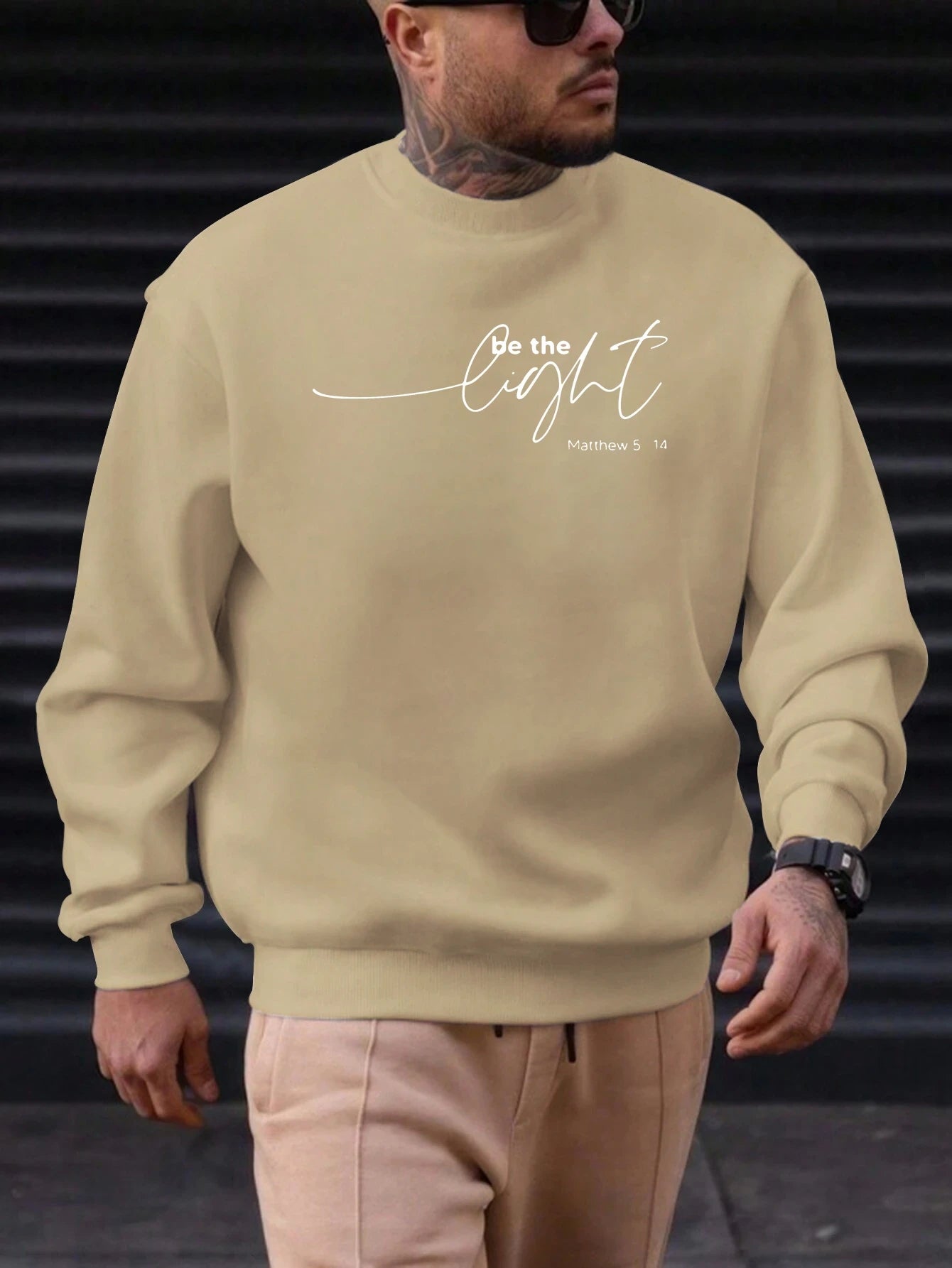 Men's Sweatshirt 2025 New Arrival Minimalist Cozy Relaxed Fit Elegant Calligraphy “Be the Light” Matthew 5:14 Quote Top
