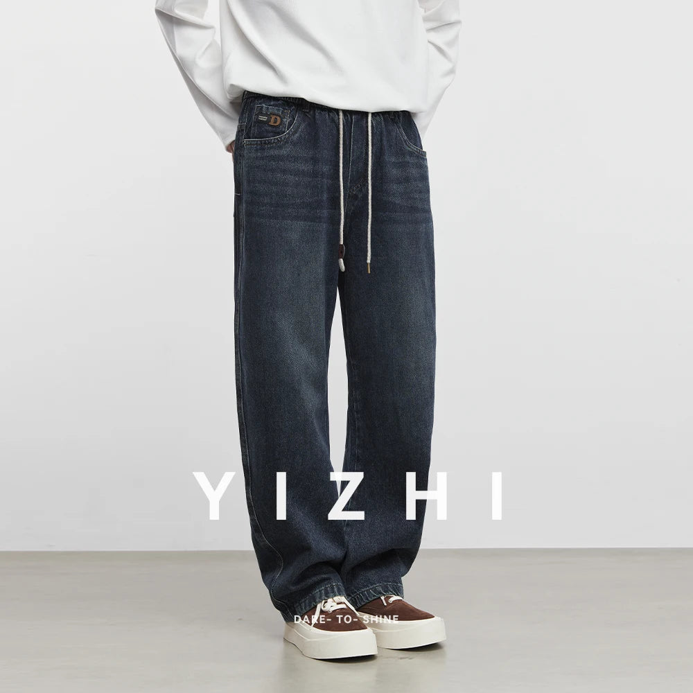 Fashion Men's Straight Jeans 2025 Autumn New Elastic Waist Retro Distressed Washed Jeans Men's Straight Casual Pants