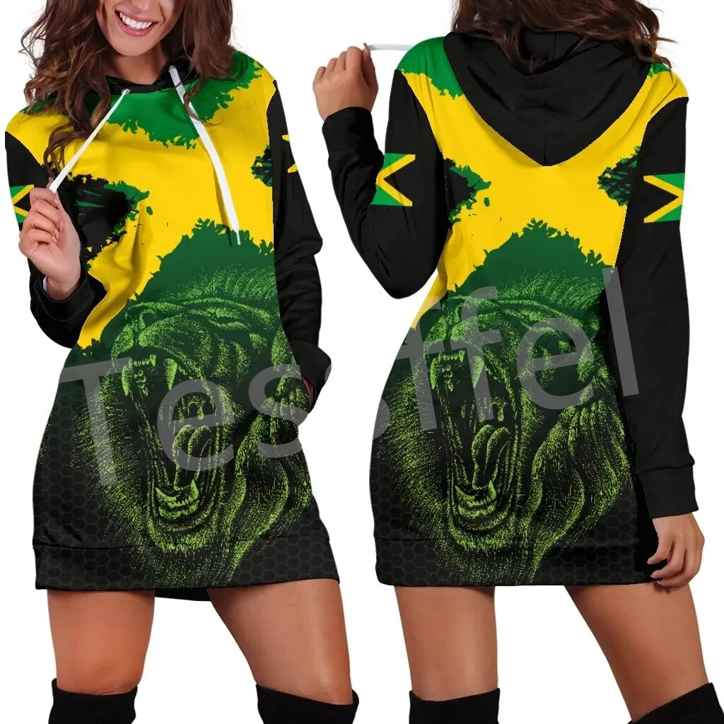 Tessffel NewFashion Country Reggae Jamaica Lion Emblem Retro Tattoo 3DPrint Pullover Sexy Women Hoodie Dress Funny Casual A1