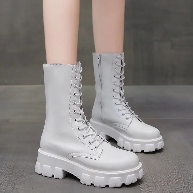 2024 Winter Shoes Women White Boots Autumn Fashion PU Leather Platform Gothic Boots Punk Combat Mid-Calf Boots For Women Booties