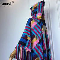 WINYI African Winter color printed tassel hooded cardigan woman abaya outfits for women coat Open Front Kimonos long down poncho