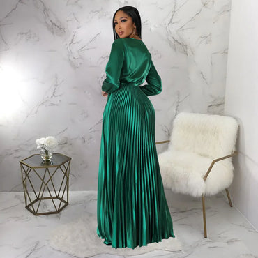 Casual Elegant Long Dress For Lady Female Evening Party Vestidos Girls Long Sleeve Robe Women Pleated Maxi Formal Dresses