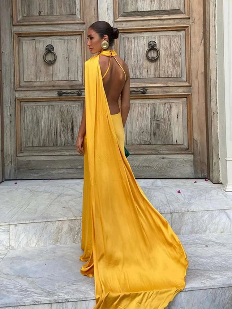 Elegant Ribbon Halter Dress Women Solid Off Shoulder Sleeveless Backless Slim Maxi Dresses 2025 Summer Autumn Party Robes Lady