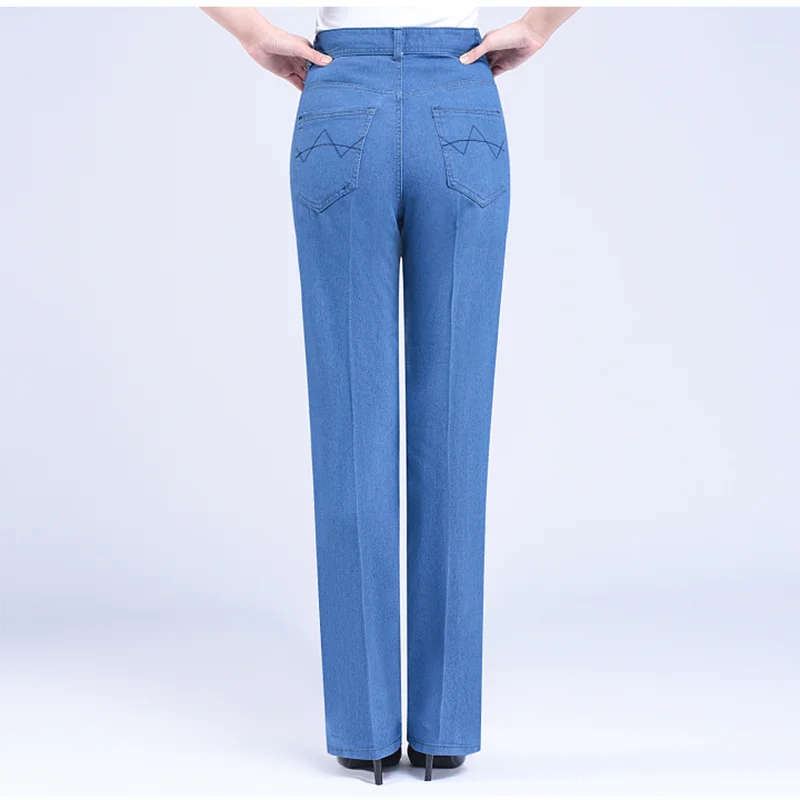 Middle-aged Women's Jeans Spring Autumn High Waist Solid Color Denim Pants Large Size Loose Female Straight Casual Cowboy Pants