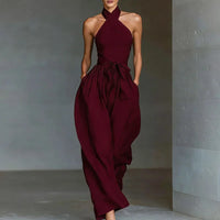 Chic Sexy Ciss Cross Halter Backless Jumpsuit Woman Spring Elegant Solid Tie Waist Romper Summer Hollow Wide Leg Pocket Overalls