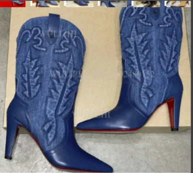 Slip On Winter Long Booties Sexy Pointed Toe Flannel Boats Embroidered Leather Knee-High Boots Women High Heels Designer Style