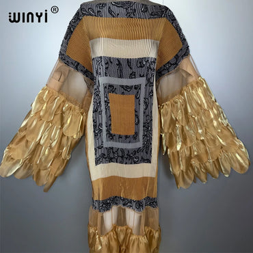 WINYI Pleated Elastic loose dress beach cover up kaftan abaya dubai luxury party dress fashion evening dress abaya muslim woman
