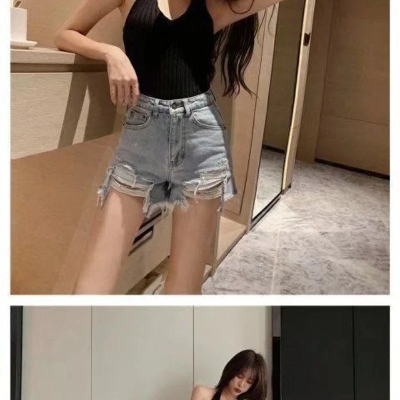 Ripped Denim Shorts for Women with High Waist and Hip Loose A-line Wide-leg Hot Pants