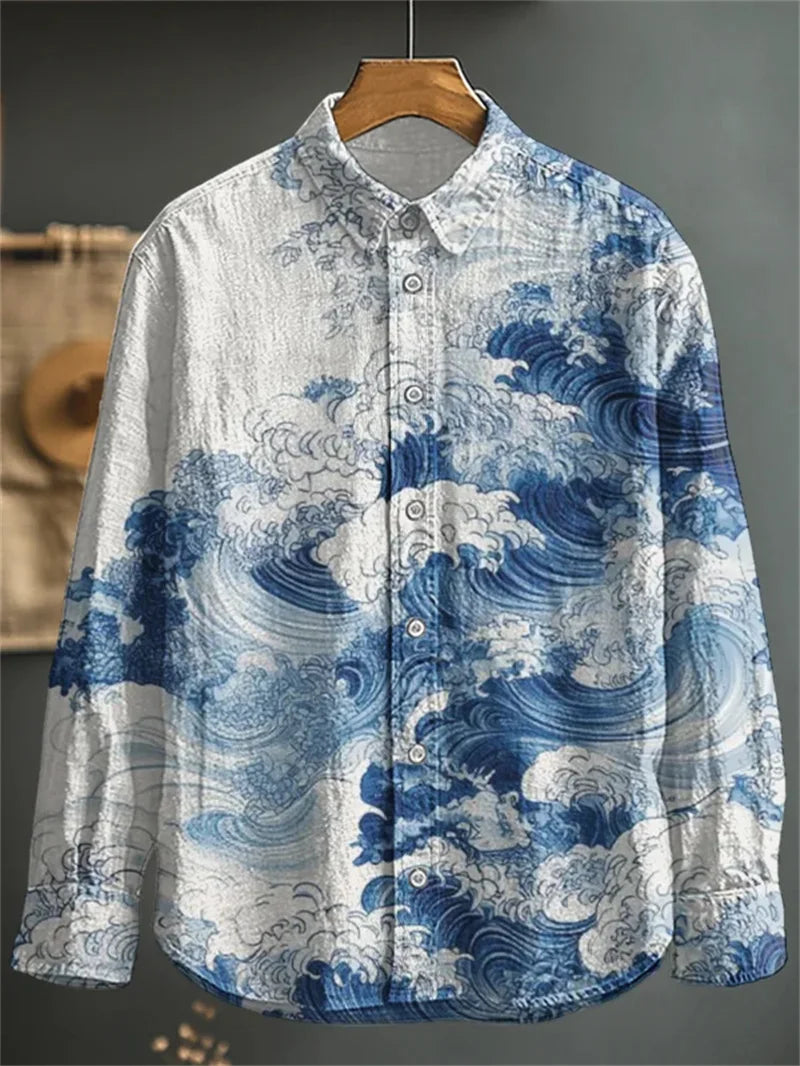 New Vintage Men's Linen Shirt Long Sleeve Chic Top Kitten Pattern Holiday Lapel Collar 3D Wave Printed Shirt Top