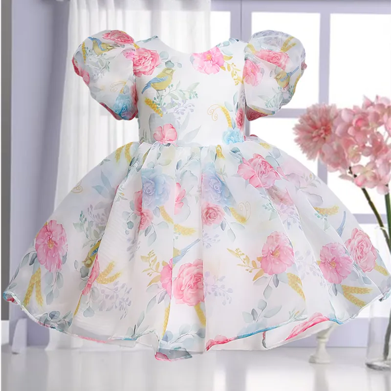 Elegant Girls Flower Puff Sleeve Dresses For Weddings  Kids Formal Birthday Party Fairy Princess Cloth Children Tulle Vestidos