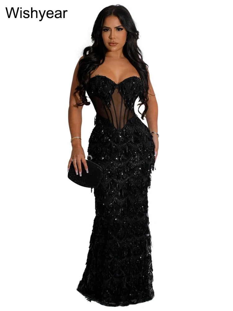 Sexy Spaghetti Strap Backless Bodycon Evening Club Party Dresses for Women Elegant Tassel Sequined Long Dress Birthday Femme