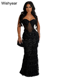 Sexy Spaghetti Strap Backless Bodycon Evening Club Party Dresses for Women Elegant Tassel Sequined Long Dress Birthday Femme