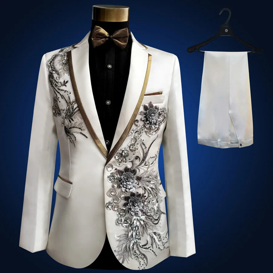 New Black Wedding Groom Tuxedos Suit Men Fashion Paillette Embroidered Male Singer Performance Party Prom Blazer Suit 4 Pcs