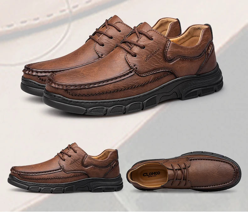 CLOHOO Men's Handmade Thick Rubber Bottom Breathable Casual Leather Shoes Classic Sewn Loafers Comfortable Leisure Footwear