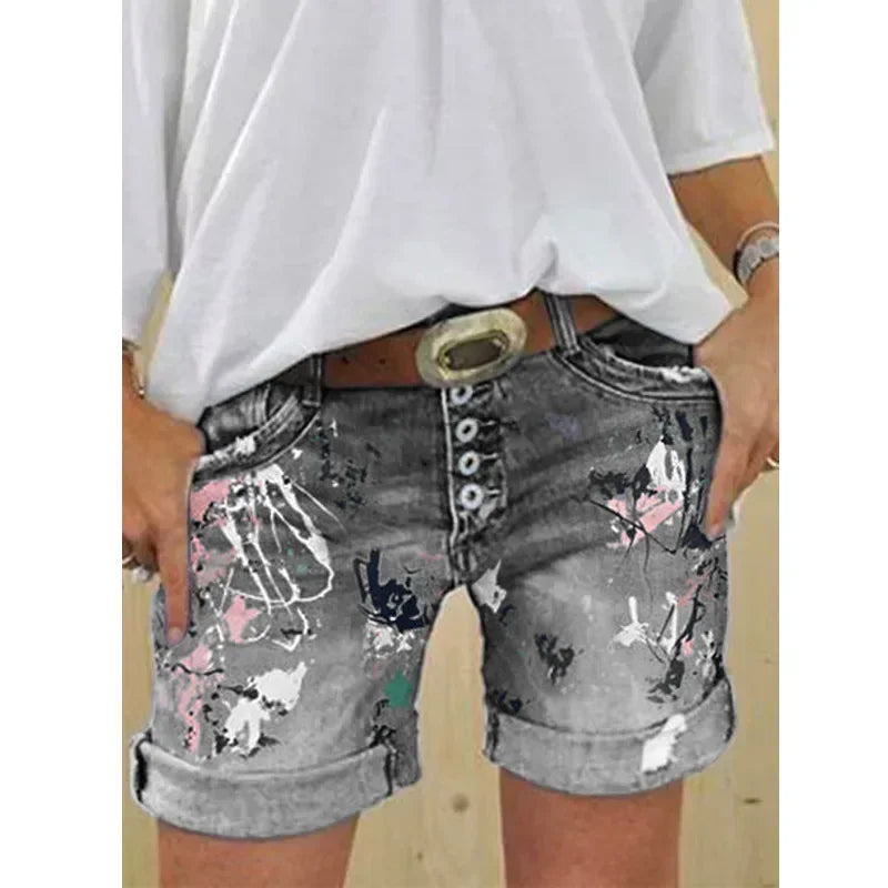 Women Denim Shorts Summer Elastic Single-breasted Print Casual Lady New Fashion Street Sweet Skinny Jeans Pants