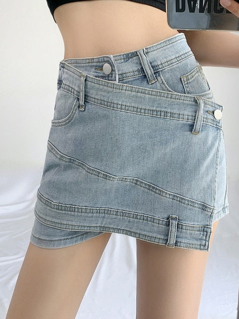 DEAT Fashion Women's Denim Shorts Patchwork Irregular High Waist Distressed Fake 2 Pcs Cotton Shorts Spring 2023 New 17A5277