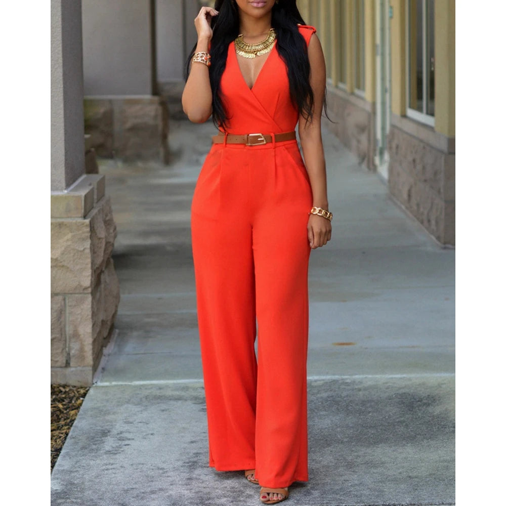 Summer Women Sleeveless Plunge Wide Leg Jumpsuit V Neck Overalls Causal Female One-pieces Office Lady Outfits Elegant Workwear