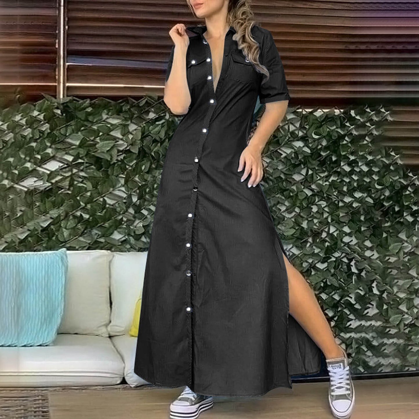 Sexy 2022 Fashion Pockets Denim Dress Women Turndown Collar Half Sleeve Single Breasted Slit Long Dress