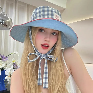 Sun Hats for Women Reversible Plaid Bucket Hat Wide Brim UV Protection Beach Hats Summer Travel Outdoor Foldable Sun Cap Fishing